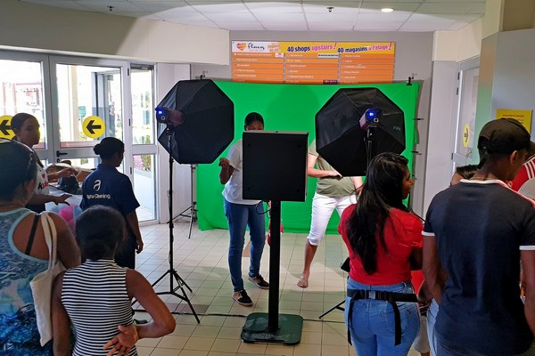 Photo booth setup at Mall in front of supermarket at Flacq for product activation